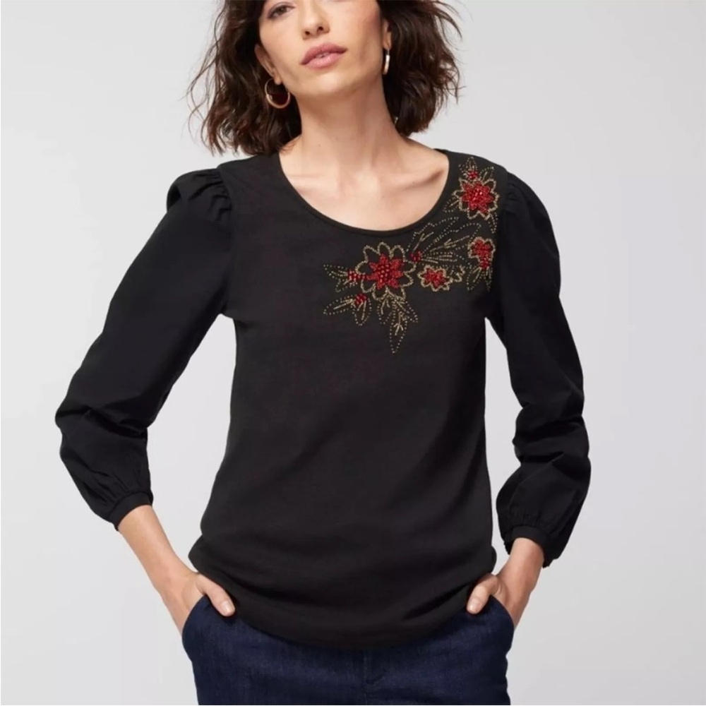 Chico’s Embellished Flower Puff-Sleeve Top. Beaded floral princess sleeve. Sz 2